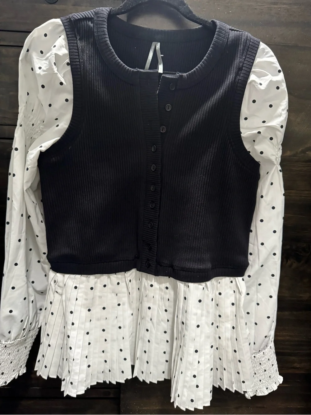 Anthropologie Black Ribbed Button Vest Over White Polka Dot Peplum Blouse